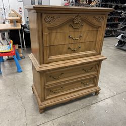 Vintage Barker Bros. French Provincial Tall Dresser – Solid Wood, Ornate Carvings, Brass Pulls