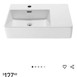 IKEBANA Wall Mounted Sink 24"x17" inch, Rectangle Wall Mount Bathroom Sink, 24"X17" Modern Floating or Countertop Ceramic Bathroom Lavatory Vessel Sin