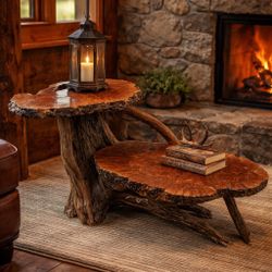 Burl Live Edge Table. Upper slab is 24.5” high, Lowe slab is 10” high. Upper slab is 28”x20”, lower slab is 37”x 26”.