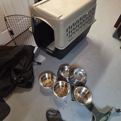 Dog crate and bowls