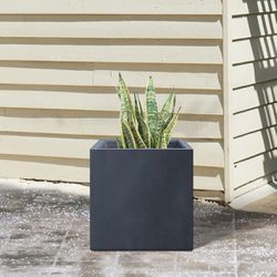 Kante 16 Inch Square Concrete Planter for Outdoor Indoor Home Patio Garden, Large Plant Pot with Drainage Hole and Rubber Plug, Charcoal