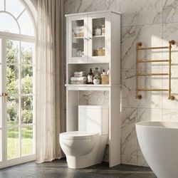 New Bathroom Storage Cabinet, Over-the-Toilet Anti-Drop Shelf Organizer, Small Freestanding Space-Saving Cabinet with Adjustable Shelves and Glass Doo