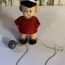 Vintage 50's PULL TOY Walking Doll Hard Plastic-Attached String+Ball-USA-Rare