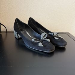 Rene Caovilla Black and Silver Heels with Elegant Bow, Size 36.5
