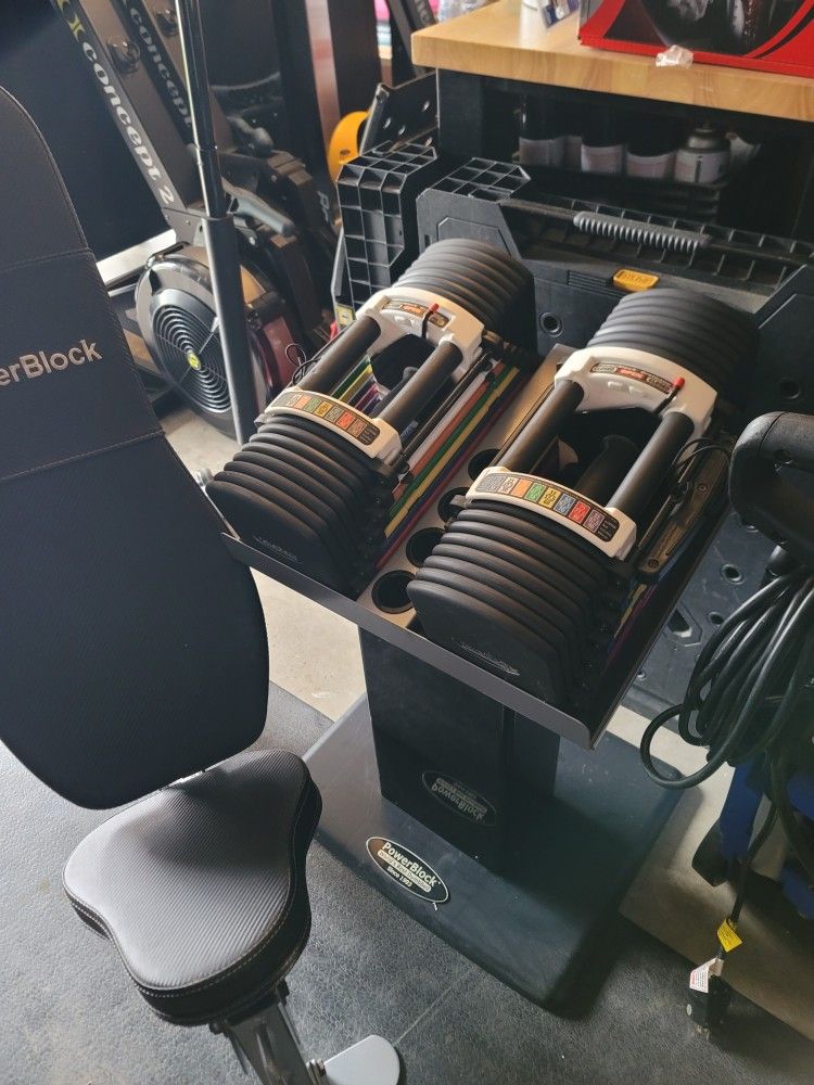 PowerBlock U90 Urethane Adjustable Dumbbells w/ Stand & Bench Firm Price. Read Below