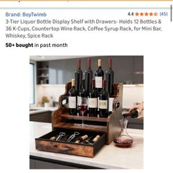 New 3-Tier Liquor Bottle Display Shelf with Drawers- Holds 12 Bottles & 36 K-Cups, Countertop Wine Rack, Coffee Syrup Rack, for Mini Bar, Whiskey, Spi