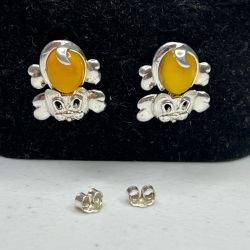 Amber & Sterling Silver Cat Shaped Stud Earrings With Butterfly Back Closure