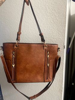 Brown Faux Leather Tote Bag with Crossbody Strap