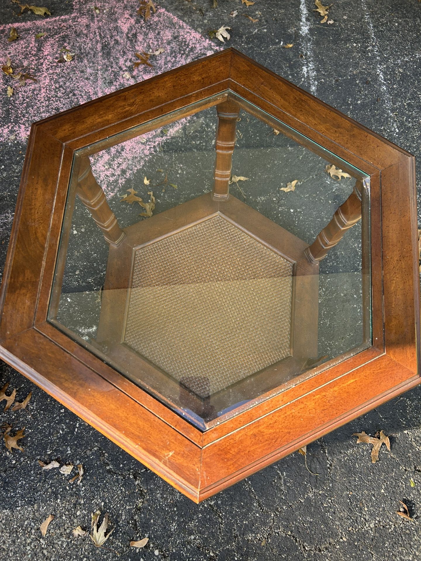 Vintage Hexagon Oak & Glass End Table