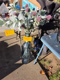 Yard sale Large Blue Glass Bottle Vase with Faux Florals