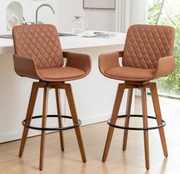 Bar Height Bar Stools Set of 2, 30 Inch Mid Century Modern Barstools Upholstered PU Leather Swivel Bar Stools with Arms and Back for Home Bar/Pub/Cafe