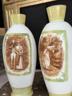 Vintage Porcelain Scenic Vases Pair 10in Victorian Romantic Couple Decorative Vase Set