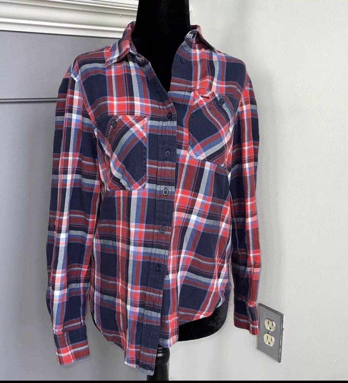 Lauren Ralph Lauren Roll Tab Sleeve Button Up Shirt Plus Size S Plaid Blue Red