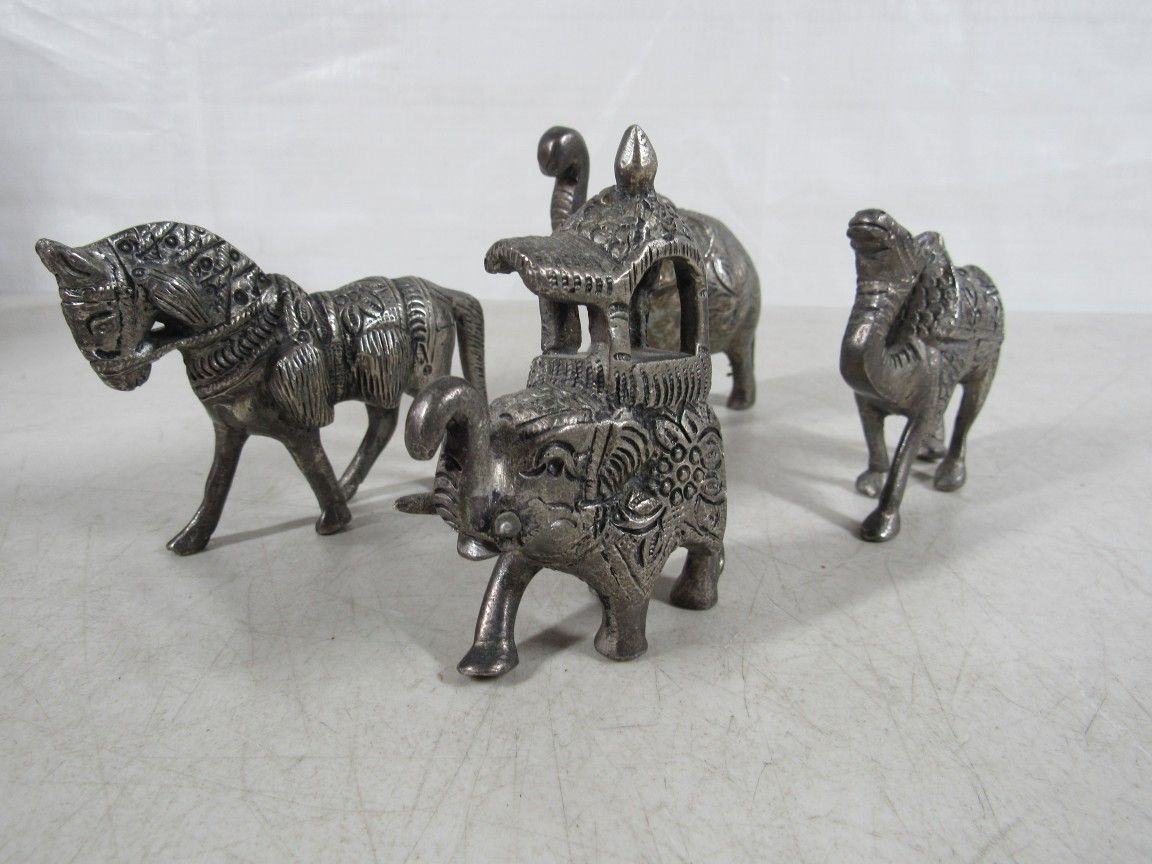 Animal Lot Of 4 Miniature Metal Figurines 2 Elephants-1 Camel-1 Horse
