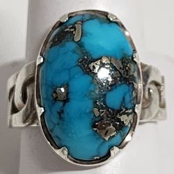 925 Rare Gem Morenci Turquoise with Polished Black Pyrite Silver Ring SZ 11