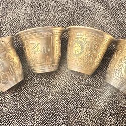 Vintage Saudi Arabia Brass Etched Small Cups Shot Glasses - Set Of 4