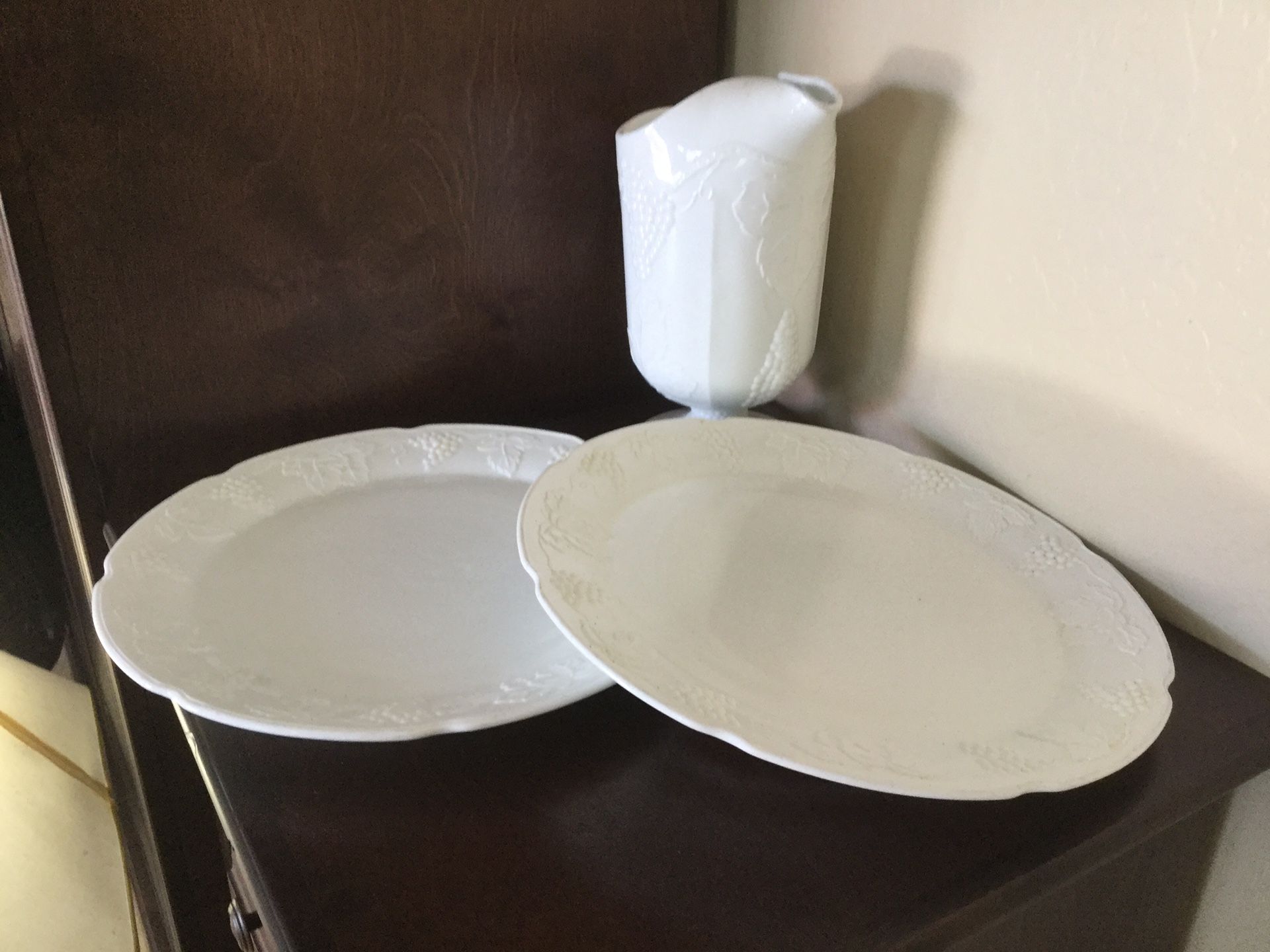 2 Huge Milk Glass Serving Platters and Pitcher all the grape pattern