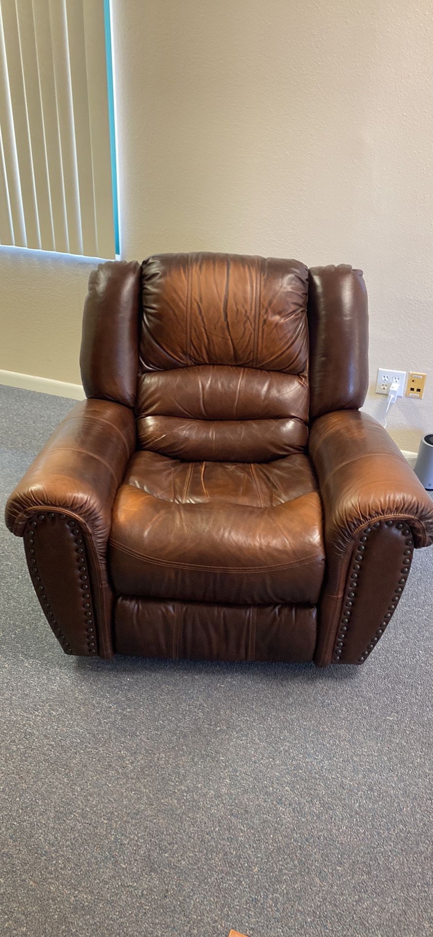 Brown Distressed Leather Studded Trim Rocker Recliner