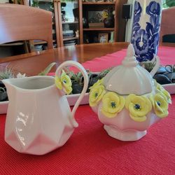 Anthropology Creamer And Sugar Bowl With Spoon. 