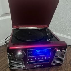 Victrola Haley Red Retro Bluetooth Record Player & Multimedia Center Built-in Speakers Radio CD Play