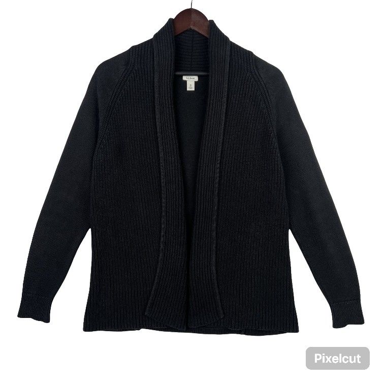 LL.Bean Open Cardigan Sweater 100% Cotton Cozy Cabin Black Womens SZ MEDIUM