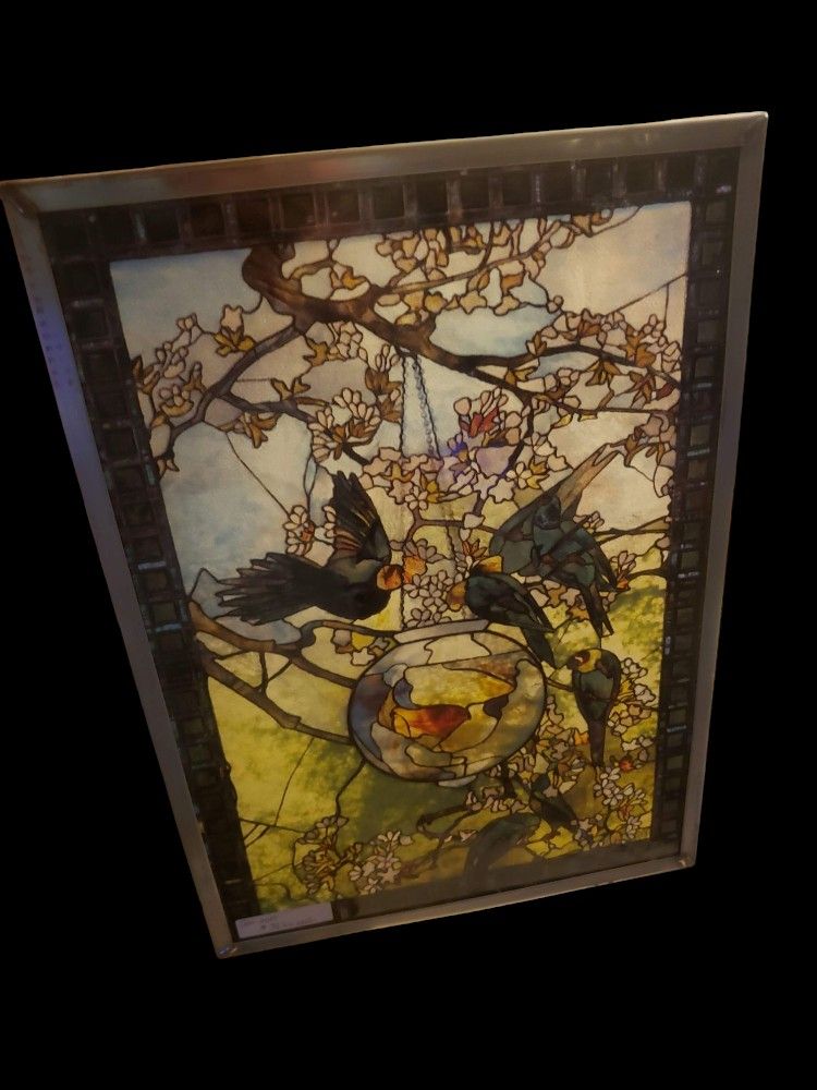 Louis Comfort Tiffany Stained Glass Parakeets and Gold Fish Bowl,