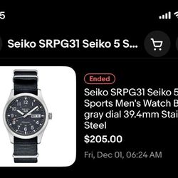 Men's Seiko Sport Watch. SRPG31 Seiko 5, Gray Dial , 39.4mm Stainless Steel