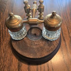 Double Clear Ribbed Inkwells w/Wood & Brass Stand
