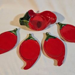 Chili Pepper Serving Dishes For Chips & Dips Ceramic Salsa Excellent Vintage Condition No Chips Or Cracks This set of 4 ceramic salsa serving dishes i