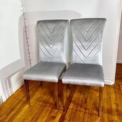 SALE! New Set Of 2 AUZ Grey Velvet Dining Chairs with Silver Mirror Stainless Steel Legs
