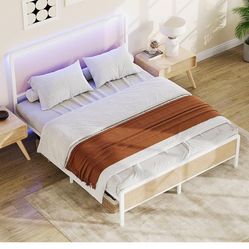 GAOMON Full White Rattan Bed Frame with LED Lights, Modern Rattan Platform Bed Frames with Headboard, Heavy Duty Bed Frame with Metal Slat Support, No