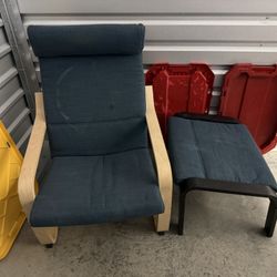 🆓 FREE! -IKEA POÄNG Armchair + Ottoman — Birch Veneer Frame, Dark Blue Cushions