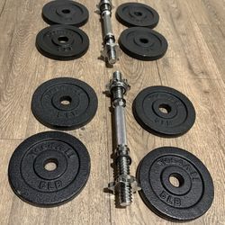 Set Of Cast Iron Adjustable Dumbbells 25 lbs Each.