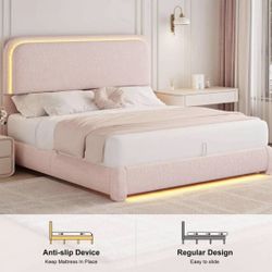 Queen Size Bed Frame LED Teddy Fleece Platform Bed Frame with Round Corner Upholstered Headboard