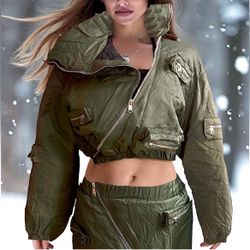 NWT, Lavishly Paris Army Green Two Piece Puffer Suit.