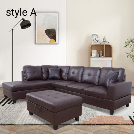 Brown Faux Leather 3 Seater Sectional Sofa With Ottoman 