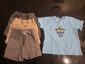 Size 18 Months Baby Toddler Boys 3 Pairs of Shorts, Gray & Tan and 1 Blue Shirt Area 51 Beyond Cute
