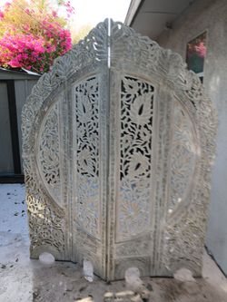 Hand-carved Wooden 4-Panel Folding Divider
