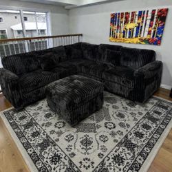 Brand new black fur like corduroy Sectional Sofa with Ottoman