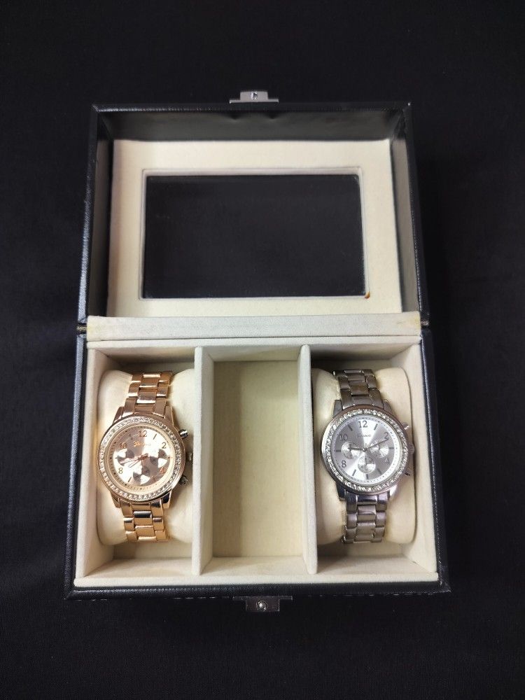 2 New Geneva Women's Wrist Watches (Gold & Silver) Stainless Steel With Case