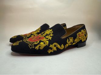 Christian Louboutin Men's Gold Embroidered Crest Black Velvet Loafers Size 43
