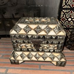 Antique Real Bone And Metal Small Decorative Chest