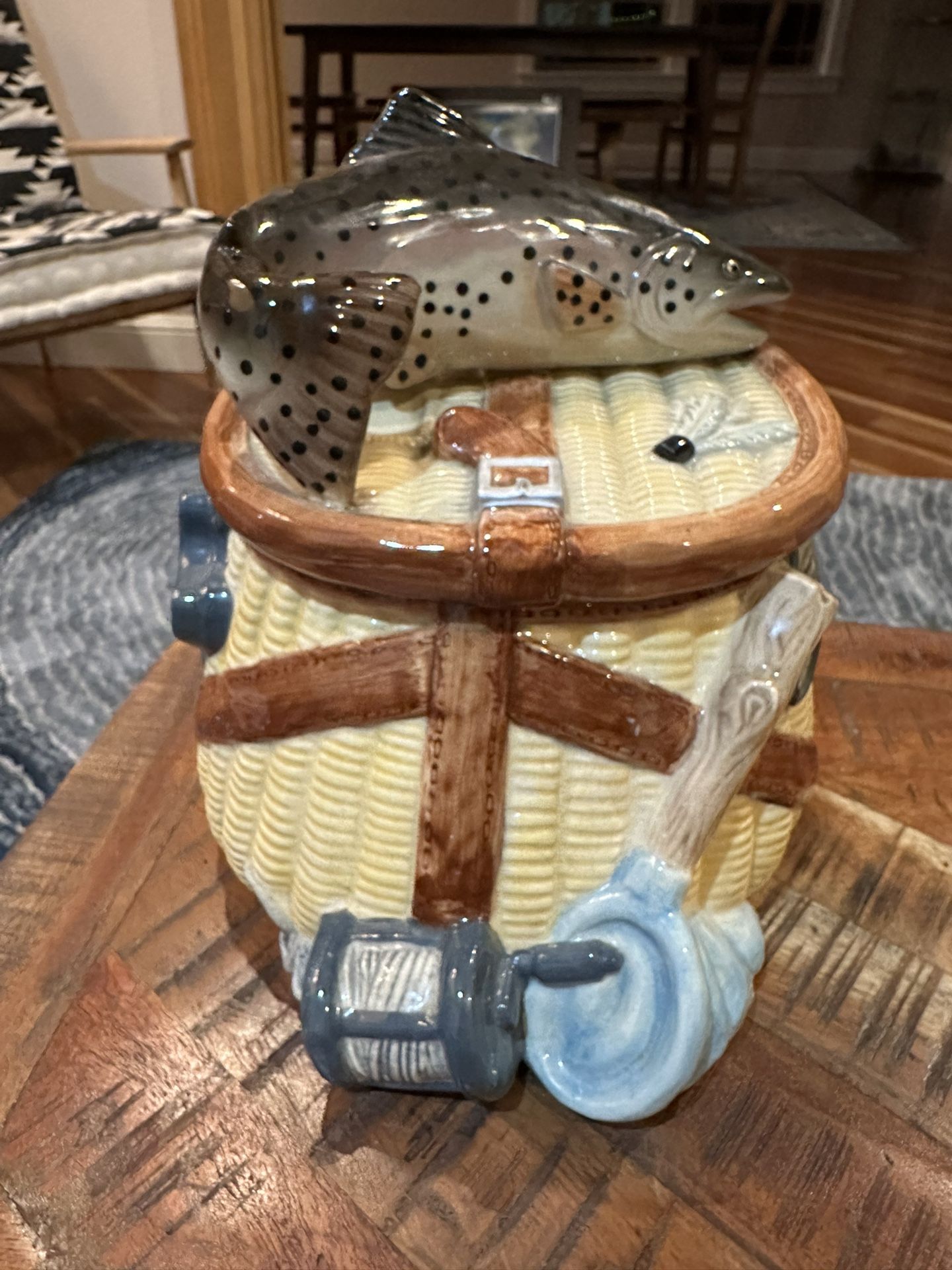 Ceramic Cookie Jar Big Sky Carvers Trout Whimsy Fishing Basket R. U. Finney
