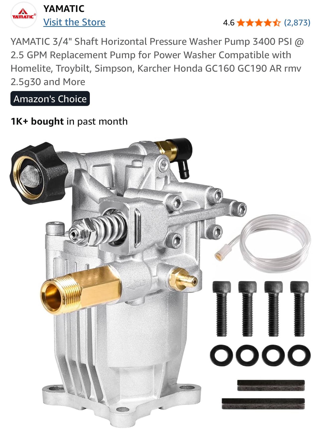 YAMATIC 3/4" Shaft Horizontal Pressure Washer Pump 3400 PSI @ 2.5 GPM