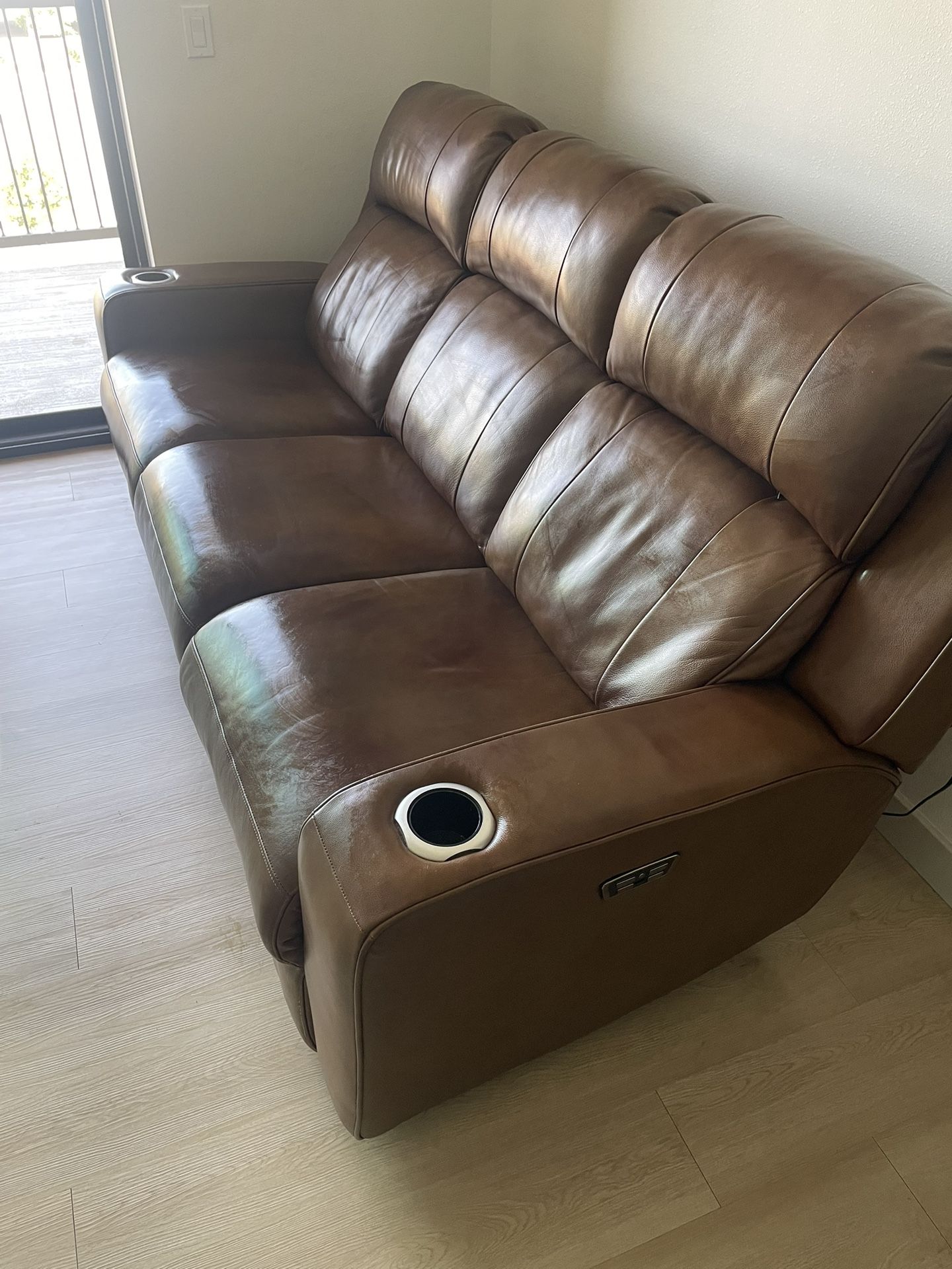 Almost New Leather Recliner Sofa with Power Outlet & LED Lights