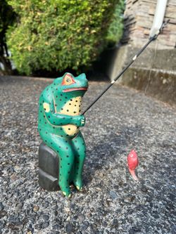 Vintage Hand-Carved Wooden Fishing Frog Figurine