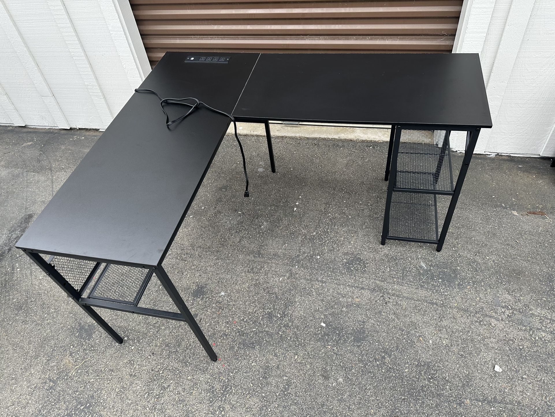 Black Oak L Shaped Corner Desk With Power Outlets And Shelves