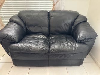 Vintage Black Genuine Leather Loveseat Sofa
