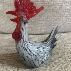 Art Glass Rooster Chicken Black White Beautiful Piece