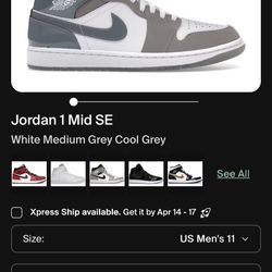 Air Jordan 1 Mid “White Medium Cool Grey” Size 11 (Men’s)